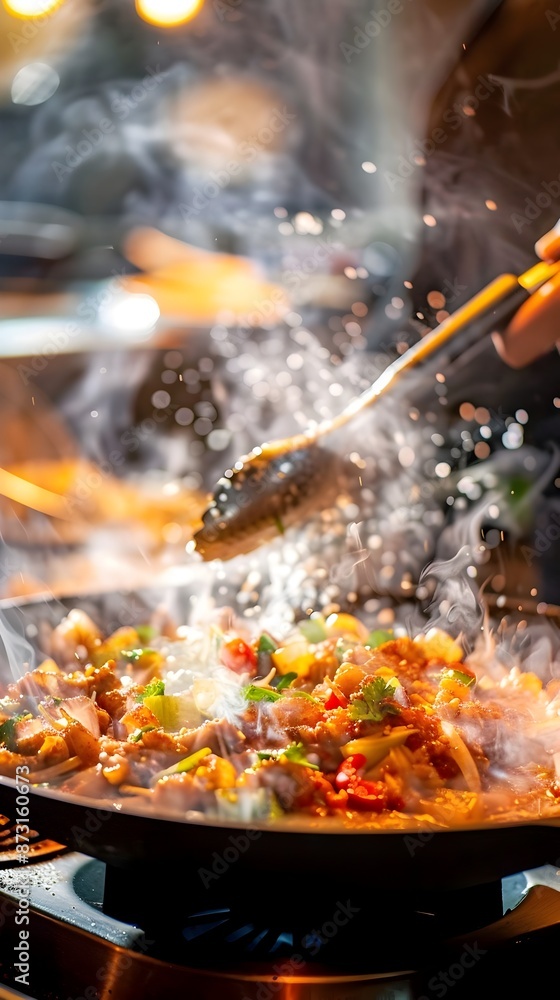 Sizzling Street Food Dish Cooked in an Electric Skillet with Aromatic Spices and Steaming Vegetables Sizzling Street Food Dish Cooked in an Electric Skillet with Aromatic Spices and Steaming Vegetables