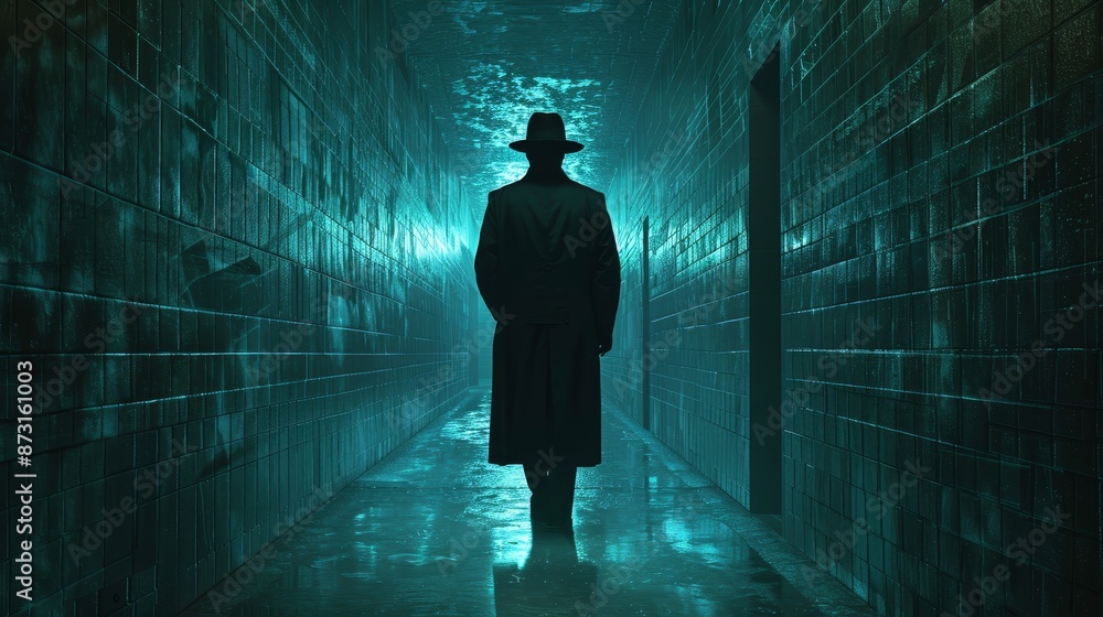 A man in a hat is walking down a dark hallway A man in a hat is walking down a dark hallway