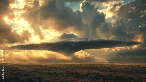 A large alien spaceship is flying through a cloudy sky