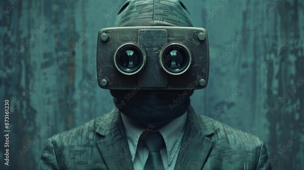 A man in a suit and tie is wearing a pair of virtual reality goggles A man in a suit and tie is wearing a pair of virtual reality goggles