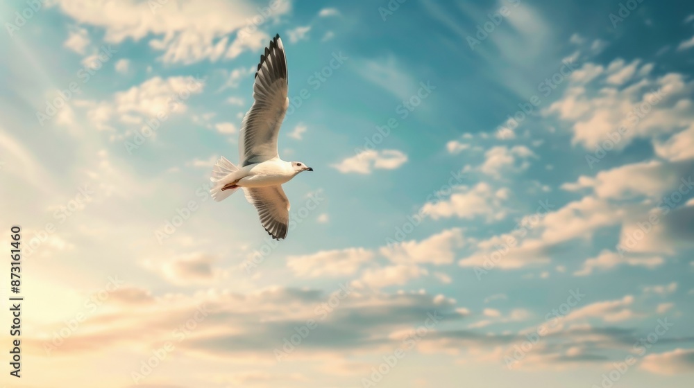 Fototapeta premium A single seagull flies through a sky filled with fluffy clouds