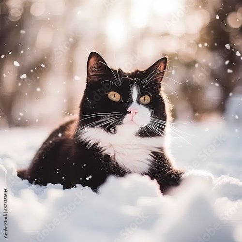 a black and white cat sitting in the snow