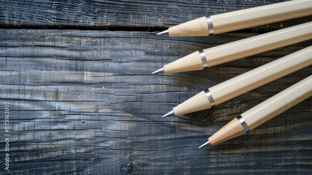 Beige pens on dark wood background mockup Beige pens on dark wood background mockup