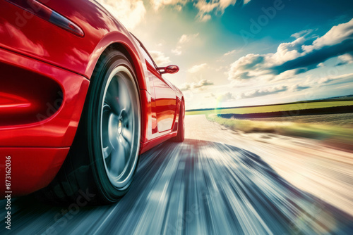 A red sports car driving on the road in motion blur on a sunny day with a blue sky and green landscape in the background.