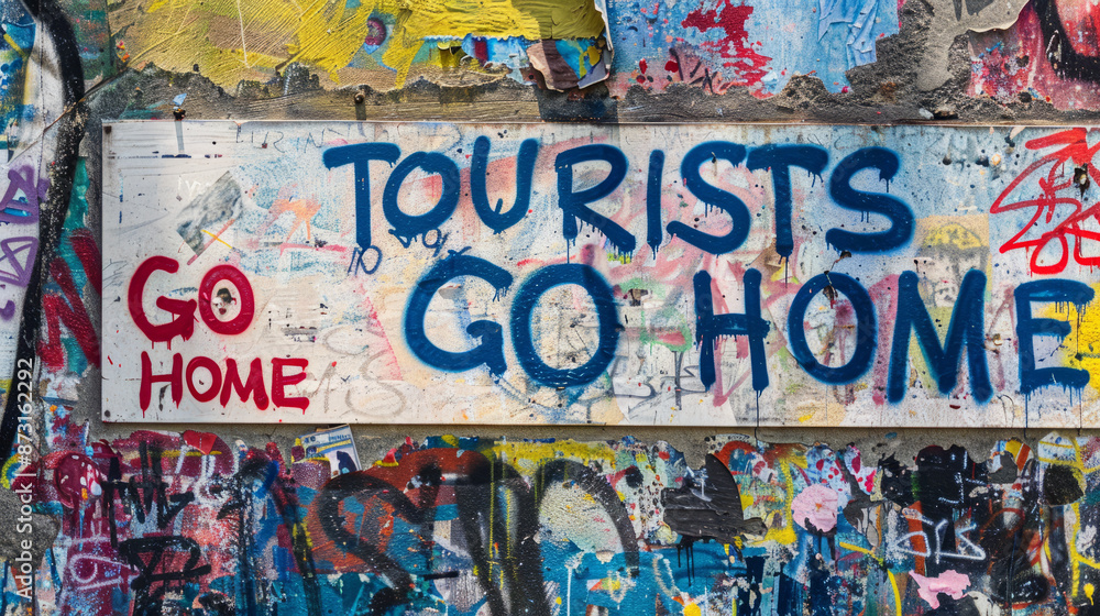 Fototapeta premium Tourists go home graffiti on a wall. Anti tourist message. Generative ai