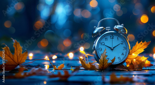 An alarm clock, adorned with autumn leaves, signifies the time to turn back your clocks, set against a dark blue background. photo