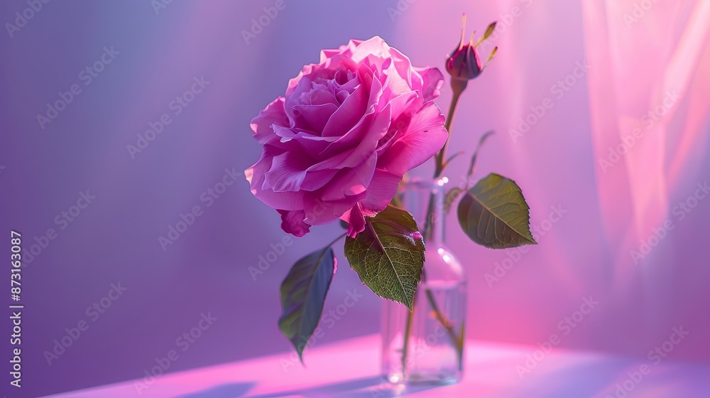 Obraz premium Delicate pink rose in a glass vase, purple-pink gradient backdrop, raw and natural look