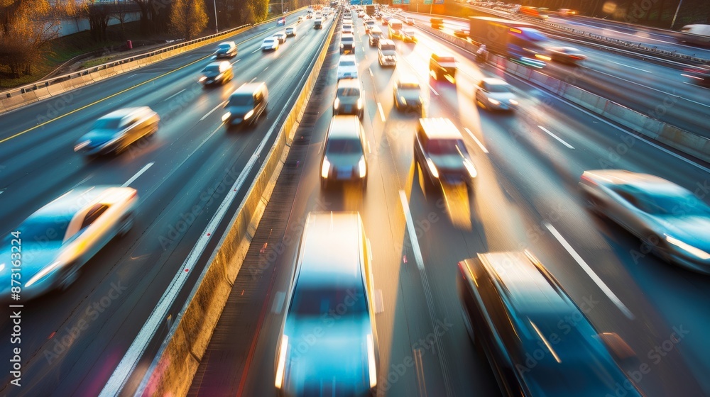 Cars stream along a highway at sunset Cars stream along a highway at sunset