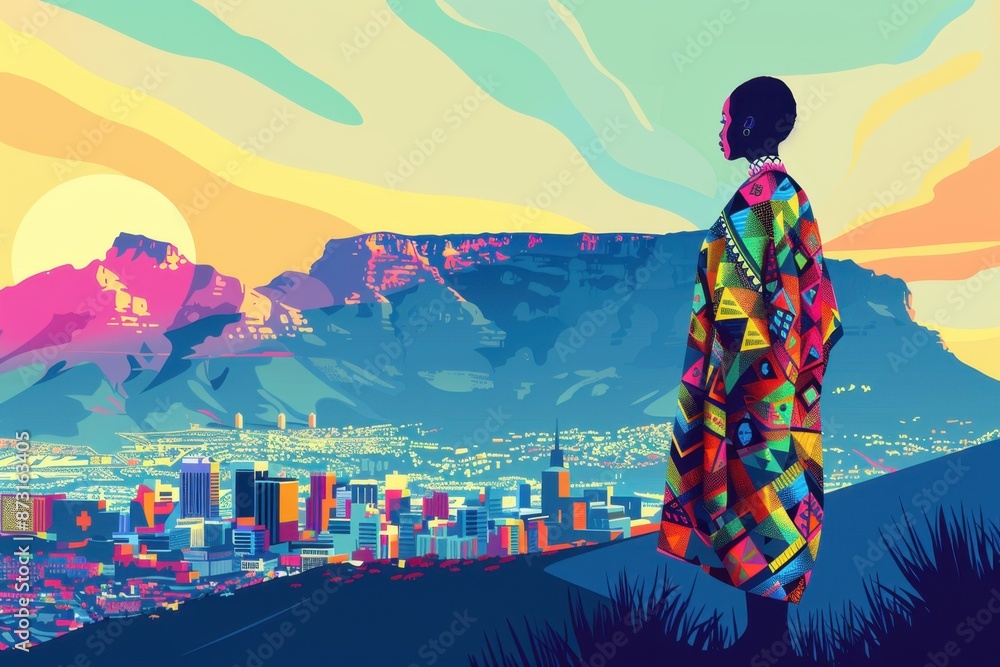 Fototapeta premium Colorful Minimalist Illustration of Table Mountain Overlooking Cape Town