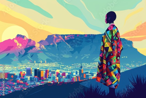Colorful Minimalist Illustration of Table Mountain Overlooking Cape Town

