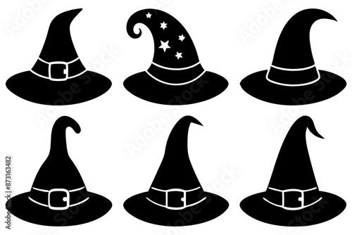 Halloween witch hat black silhouette, Set of different witch hats vector illustration, witch hat silhouette vector  set