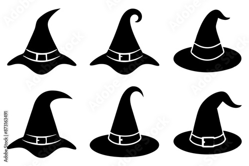 Halloween witch hat black silhouette, Set of different witch hats vector illustration, witch hat silhouette vector  set
