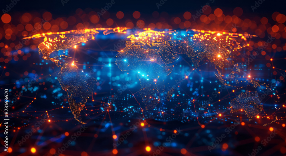 A digital map of the Earth with global network connections connecting different parts, representing connectivity and global technology, set against a dark blue background. A digital map of the Earth with global network connections connecting different parts, representing connectivity and global technology, set against a dark blue background.