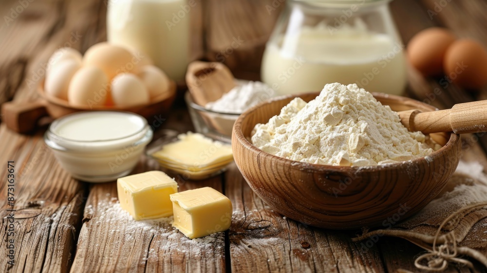 Baking supplies and ingredients with milk and butter on a wooden table Baking supplies and ingredients with milk and butter on a wooden table