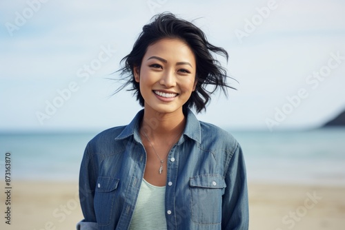 Portrait of a grinning asian woman in her 20s sporting a versatile denim shirt in sandy beach background