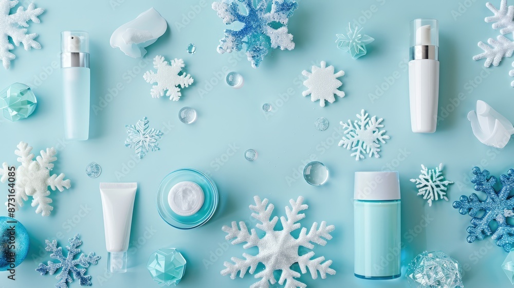 Winter hand skin care products displayed on light blue background with artificial snowflakes Winter hand skin care products displayed on light blue background with artificial snowflakes