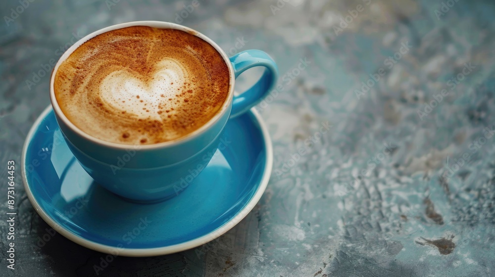 Heart pattern coffee in blue cup on grey surface Heart pattern coffee in blue cup on grey surface