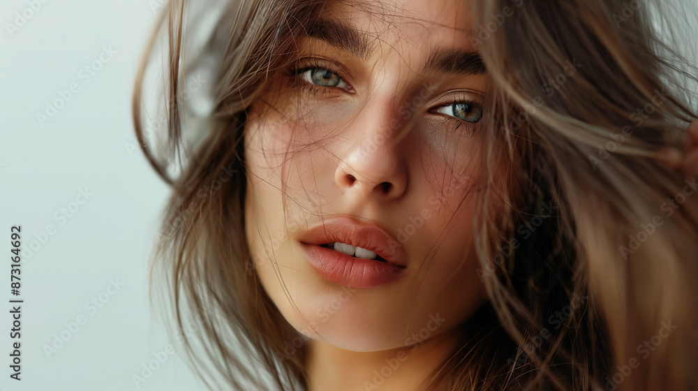 A beautiful headshot of a stunning young supermodel woman in her late 20s with flowing hair, green eyes, and full lips against a white background. Ideal for advertising and magazine editor A beautiful headshot of a stunning young supermodel woman in her late 20s with flowing hair, green eyes, and full lips against a white background. Ideal for advertising and magazine editor