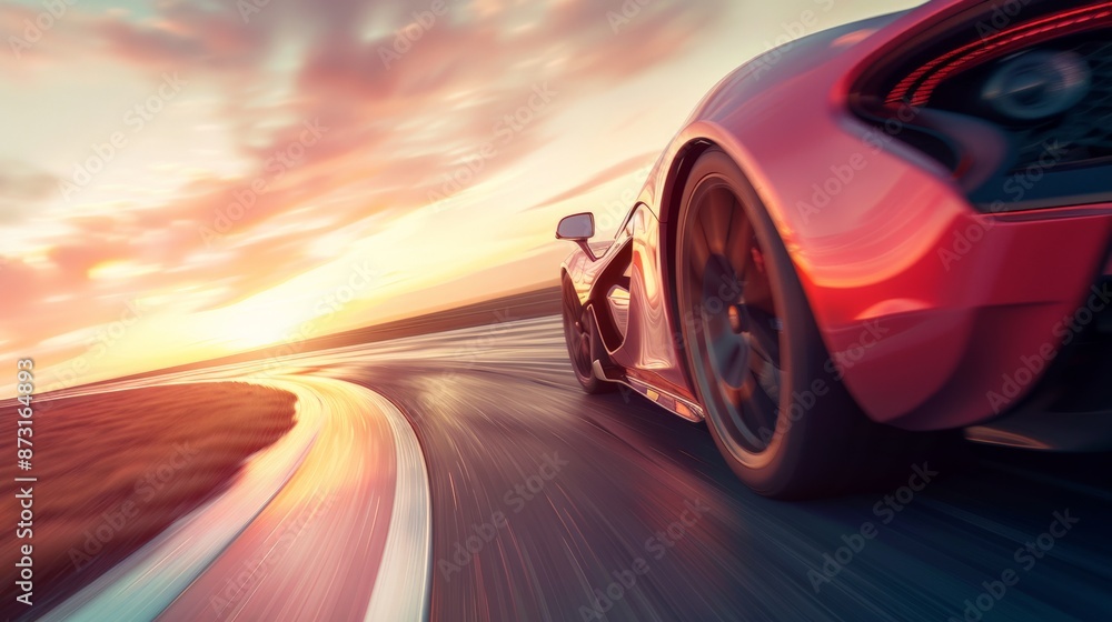 Fototapeta premium Red sports car speeds around corner towards sunset