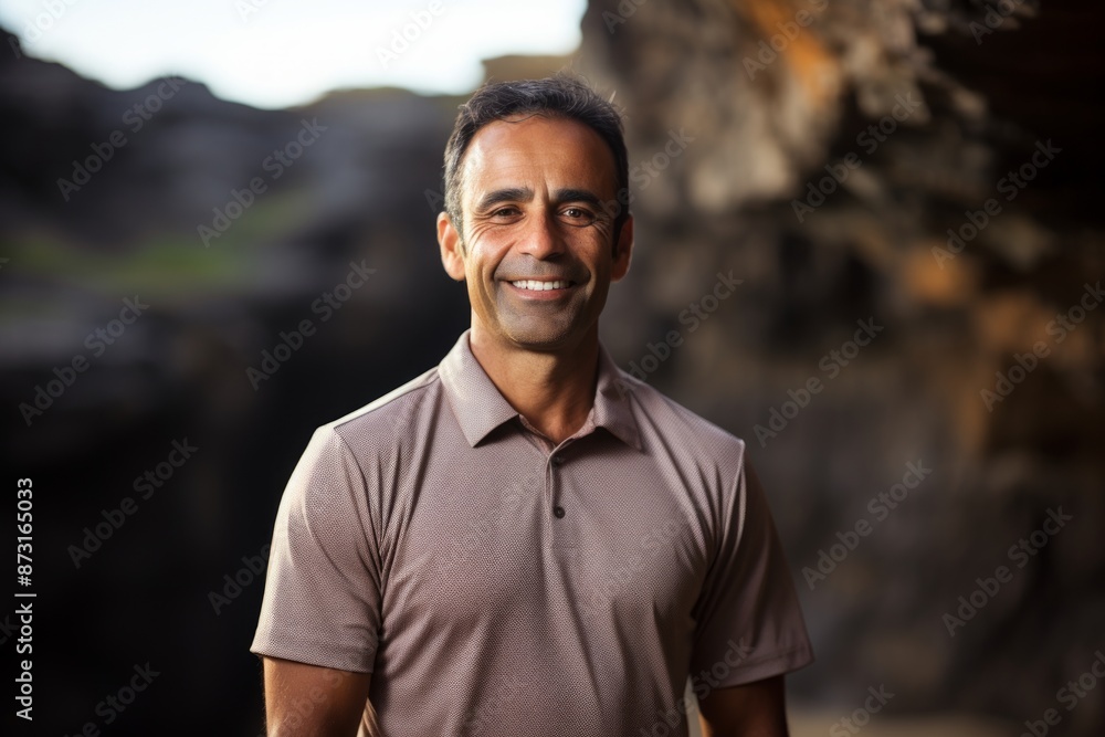 Portrait of a jovial indian man in his 40s wearing a breathable golf polo on rocky cliff background Portrait of a jovial indian man in his 40s wearing a breathable golf polo on rocky cliff background