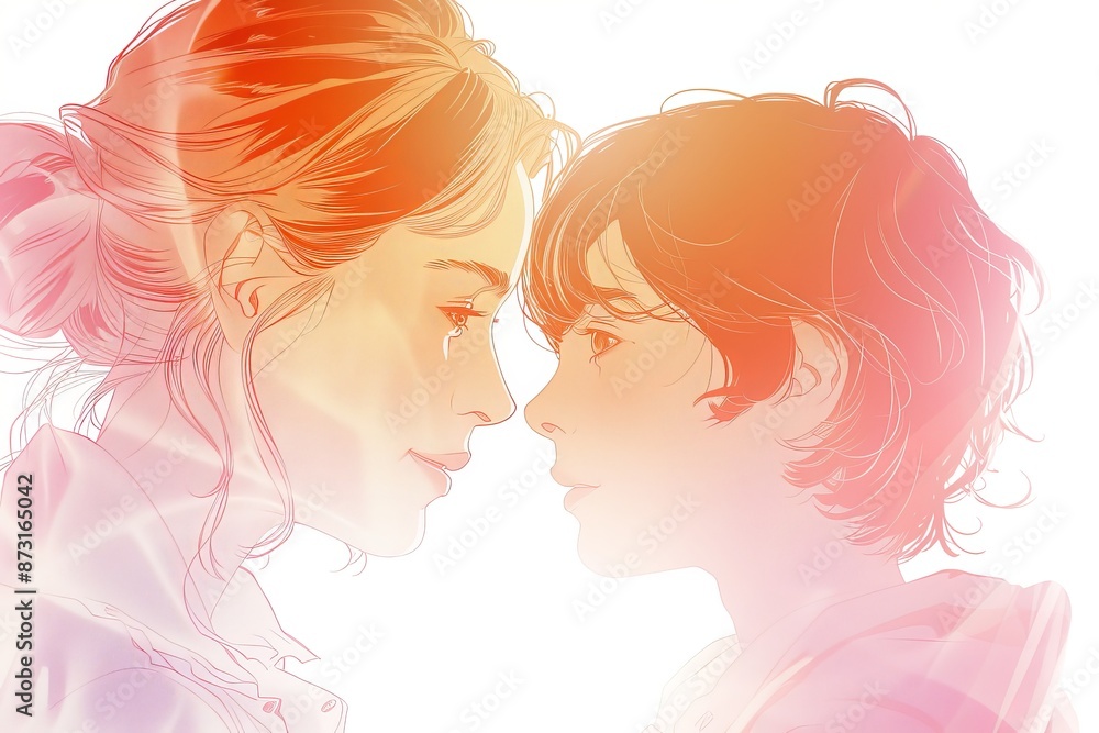 Dreamy illustration of a couple in soft, pastel colors, capturing love and tenderness with expressive, delicate hues. Dreamy illustration of a couple in soft, pastel colors, capturing love and tenderness with expressive, delicate hues.