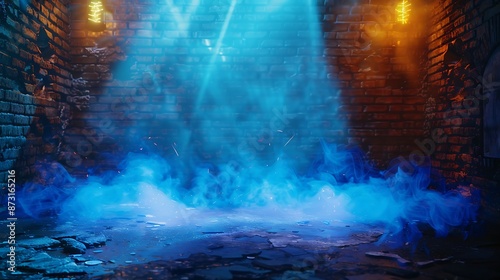 Wallpaper Mural Dark basement with old brick walls, blue sparks of fire casting light on the floor, hazy smoke in the air, neon yellow lamps providing a bright highlight,  Torontodigital.ca