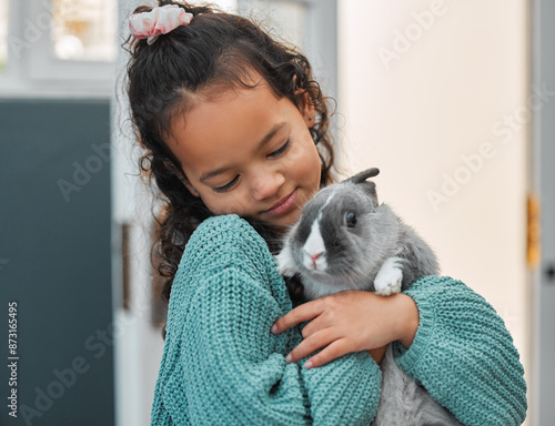 Canvastavla Girl, kid and hug rabbit in home for love and emotional support, pet care and relax at house