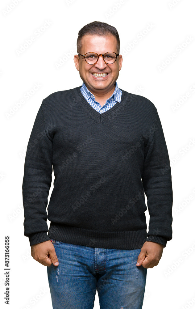 Middle age bussines arab man wearing glasses over isolated background with a happy and cool smile on face. Lucky person. Middle age bussines arab man wearing glasses over isolated background with a happy and cool smile on face. Lucky person.