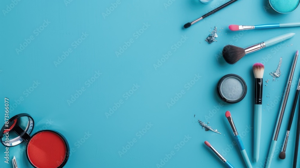 Top view of professional cosmetics set on blue background with space for text Top view of professional cosmetics set on blue background with space for text
