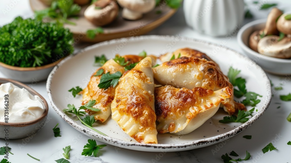 Tasty varenyky with mushrooms parsley butter and sour cream on white marble table Tasty varenyky with mushrooms parsley butter and sour cream on white marble table