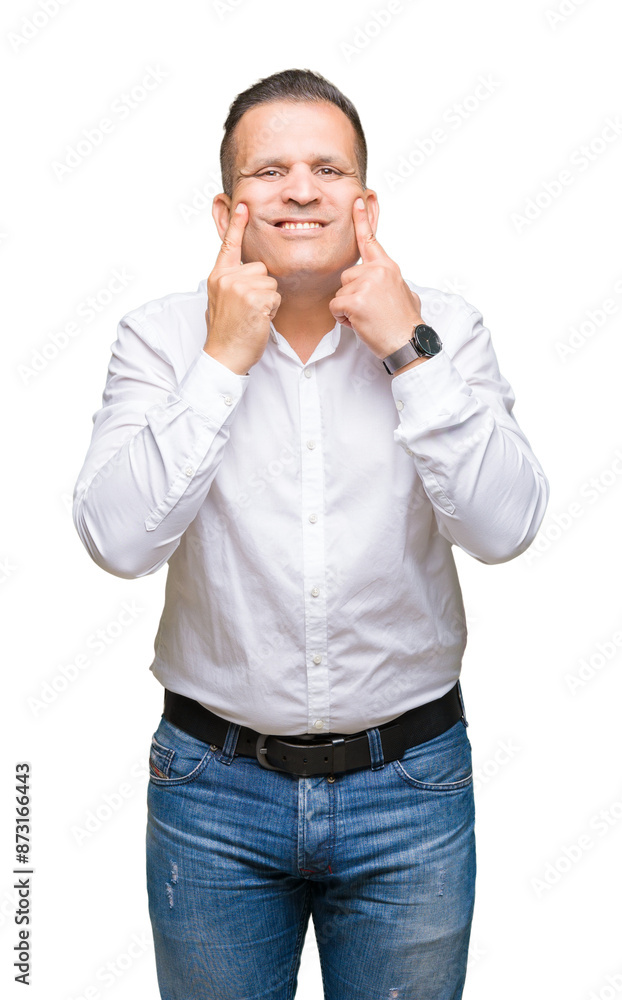 Middle age arab elegant man over isolated background Smiling with open mouth, fingers pointing and forcing cheerful smile Middle age arab elegant man over isolated background Smiling with open mouth, fingers pointing and forcing cheerful smile