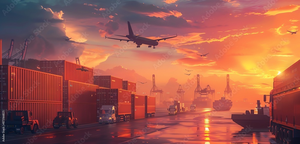 Cargo Ship at Port with Trucks and Airplanes during Sunset Cargo Ship at Port with Trucks and Airplanes during Sunset