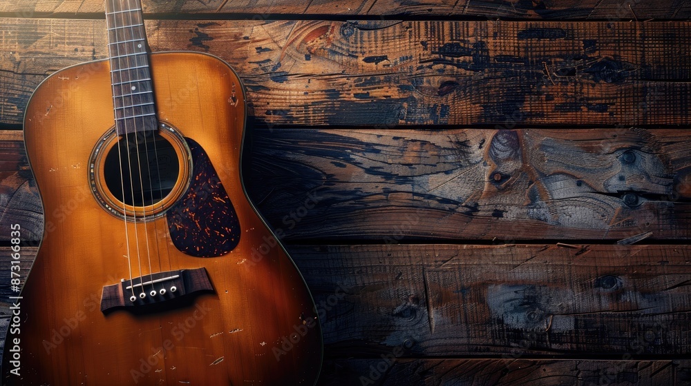 Close up of acoustic guitar on wood background