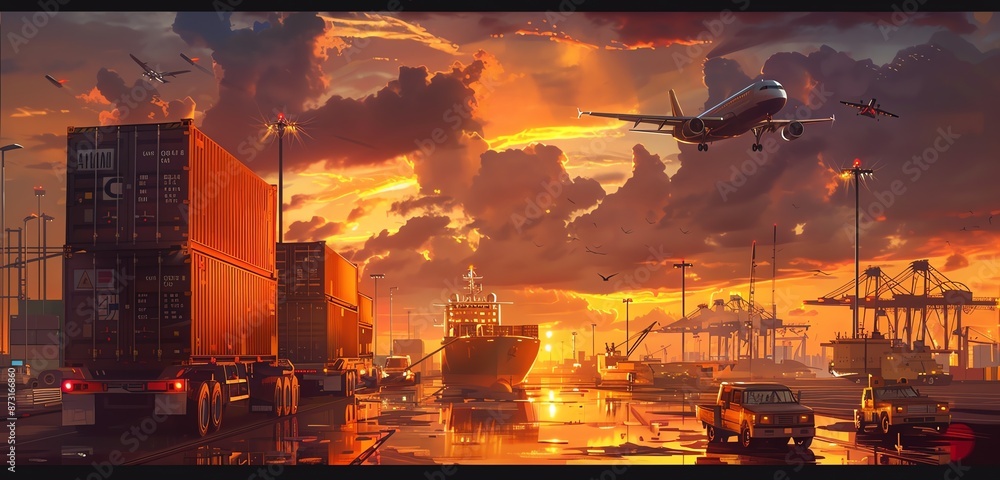 Cargo Ship at Port with Trucks and Airplanes during Sunset Cargo Ship at Port with Trucks and Airplanes during Sunset
