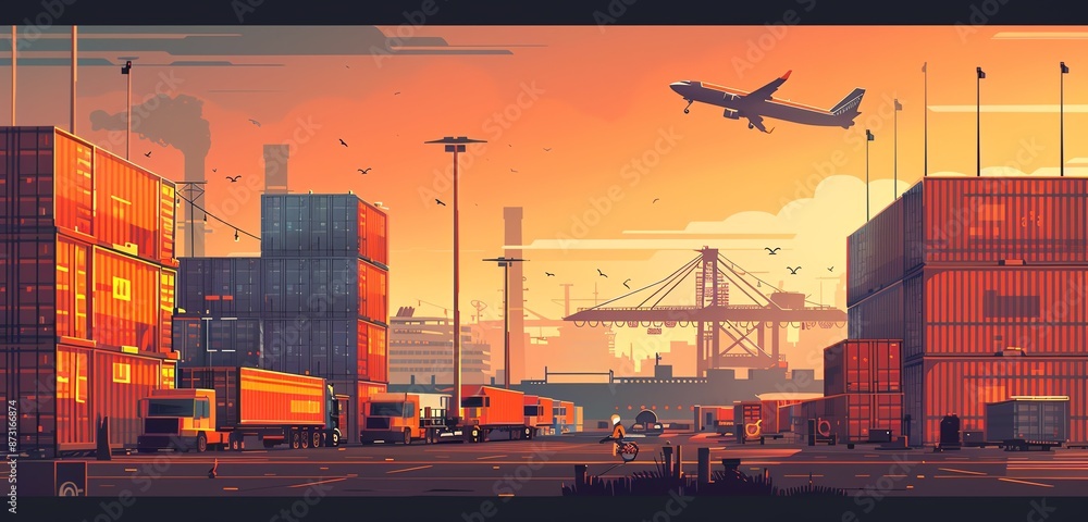 Cargo Ship at Port with Trucks and Airplanes during Sunset Cargo Ship at Port with Trucks and Airplanes during Sunset