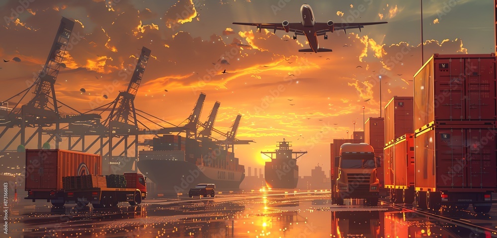 Cargo Ship at Port with Trucks and Airplanes during Sunset Cargo Ship at Port with Trucks and Airplanes during Sunset