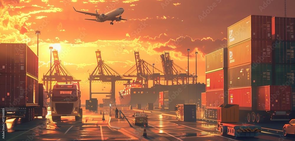 Cargo Ship at Port with Trucks and Airplanes during Sunset Cargo Ship at Port with Trucks and Airplanes during Sunset