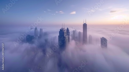 A city skyline in the early morning mist, with skyscrapers emerging from the foggy atmosphere.