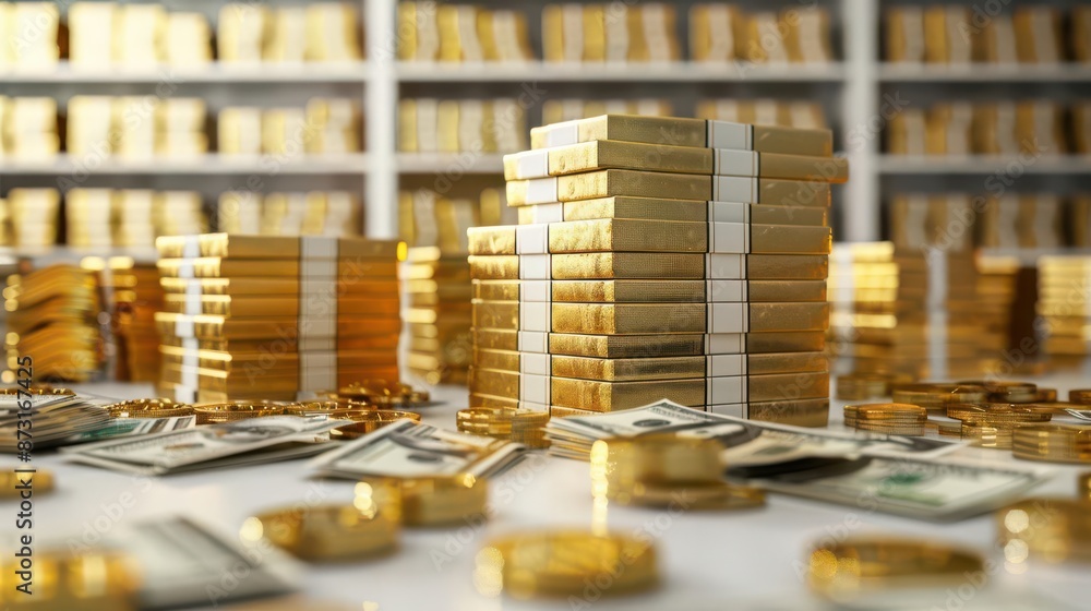 a central bank reserve, stacks of cash and gold, photorealistic illustration, detailed and secure, isolated on white background a central bank reserve, stacks of cash and gold, photorealistic illustration, detailed and secure, isolated on white background