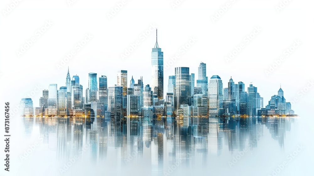 a city skyline with skyscrapers, valuable property, photorealistic design, modern and sleek, isolated on white background a city skyline with skyscrapers, valuable property, photorealistic design, modern and sleek, isolated on white background