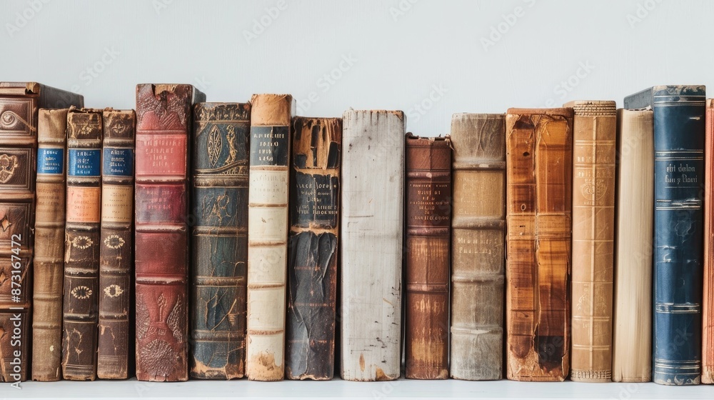 Antique Books Arranged on White Background Retro Literature Collection Concept Antique Books Arranged on White Background Retro Literature Collection Concept