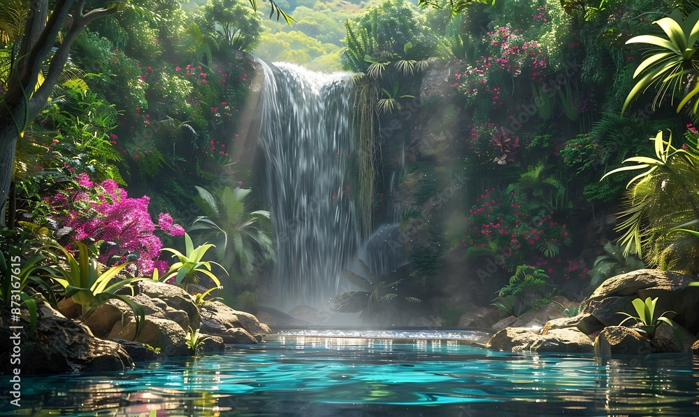 Lush Jungle Waterfall Cascading into Crystal Clear Pool, Pristine Paradise Scene Lush Jungle Waterfall Cascading into Crystal Clear Pool, Pristine Paradise Scene