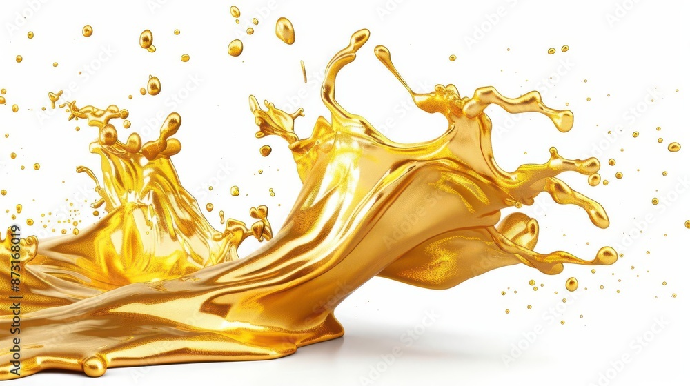 Fototapeta premium a splash of liquid gold, wealth concept, hyperrealistic illustration, shiny and fluid, isolated on white background