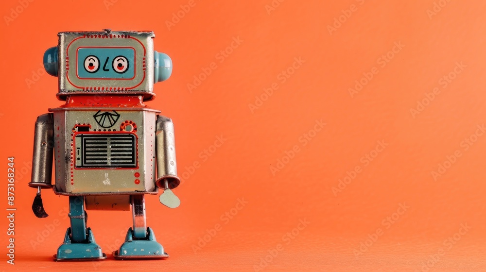 Fototapeta premium Vintage tin toy robot on orange backdrop with space for text