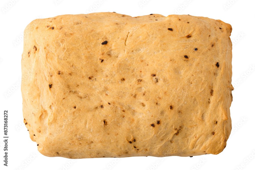 Rustic ciabatta with onion pieces. Top view. Isolated object on transparent background Rustic ciabatta with onion pieces. Top view. Isolated object on transparent background