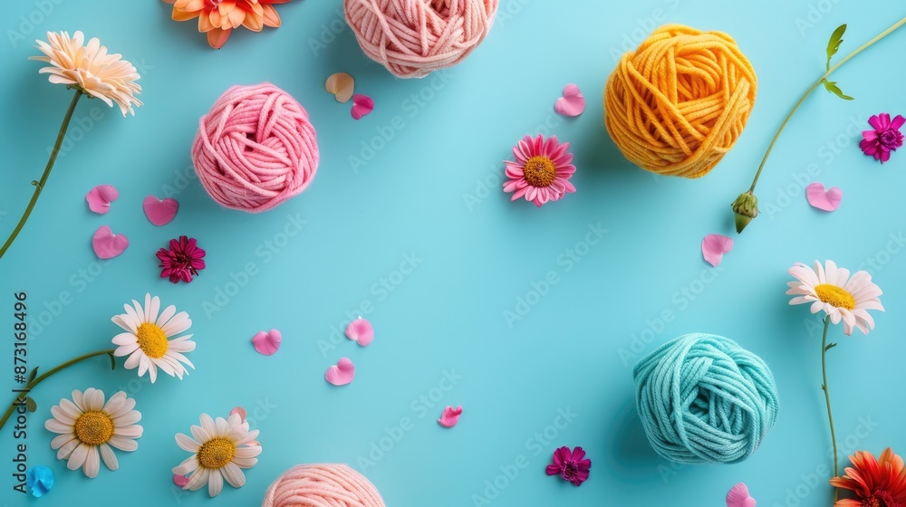 Fototapeta premium Yarn balls and flowers on a bright background
