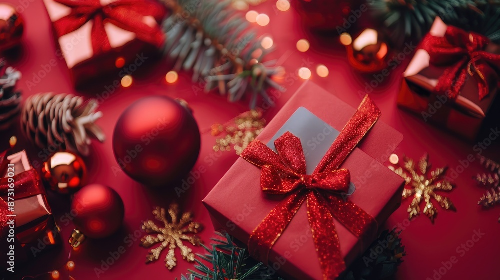 Online Christmas shopping with credit card New Year decorations and gifts in top view flat lay Festive sales concept for winter holidays Online Christmas shopping with credit card New Year decorations and gifts in top view flat lay Festive sales concept for winter holidays