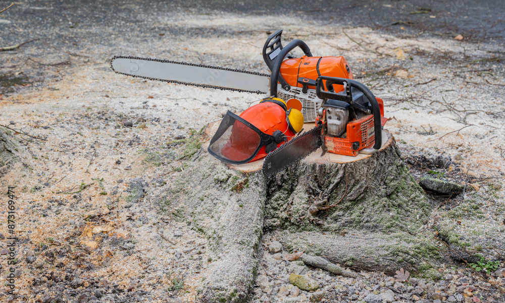 Motorsäge und Sicherheitshelm liegt auf einem Baumstamm, nachdem der Baum gefällt worden ist