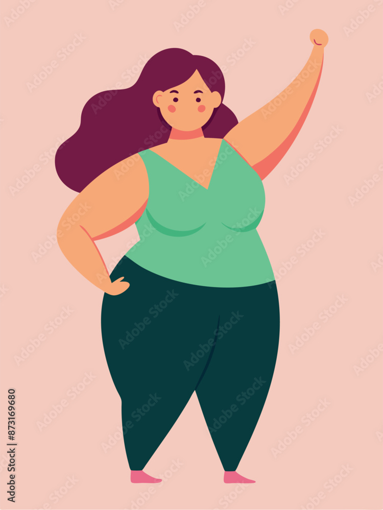 A plus size woman stands confidently with her fist raised in the air A plus size woman stands confidently with her fist raised in the air