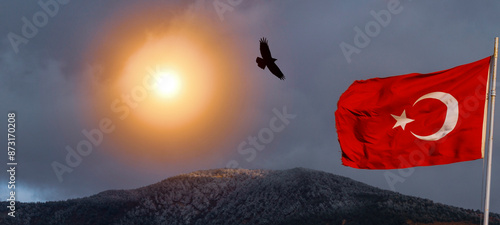 Waving Turkish flag and landscape photo